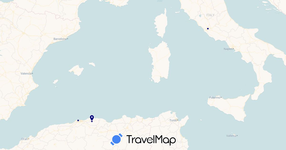 TravelMap itinerary: driving in Algeria, Italy (Africa, Europe)