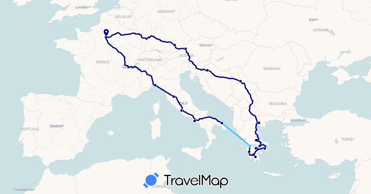 TravelMap itinerary: driving, boat in Austria, Germany, France, Greece, Croatia, Italy, Serbia (Europe)